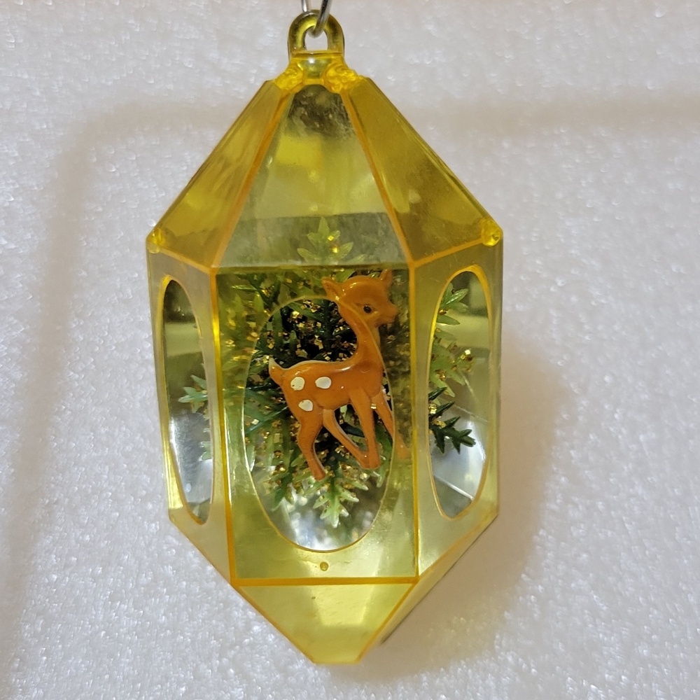 Vintage 60s Diorama Plastic Lantern Ornament: Fawn In Pine Forrest
